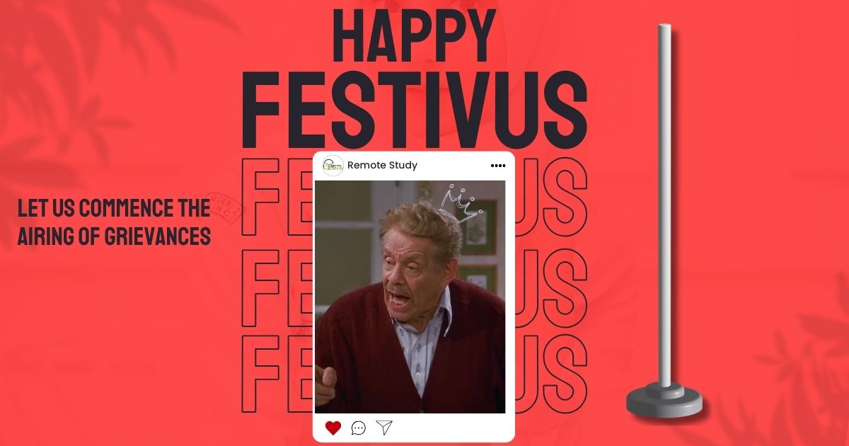 Festivus holiday graphic referencing Seinfeld, used to discuss cultural context in English language learning.